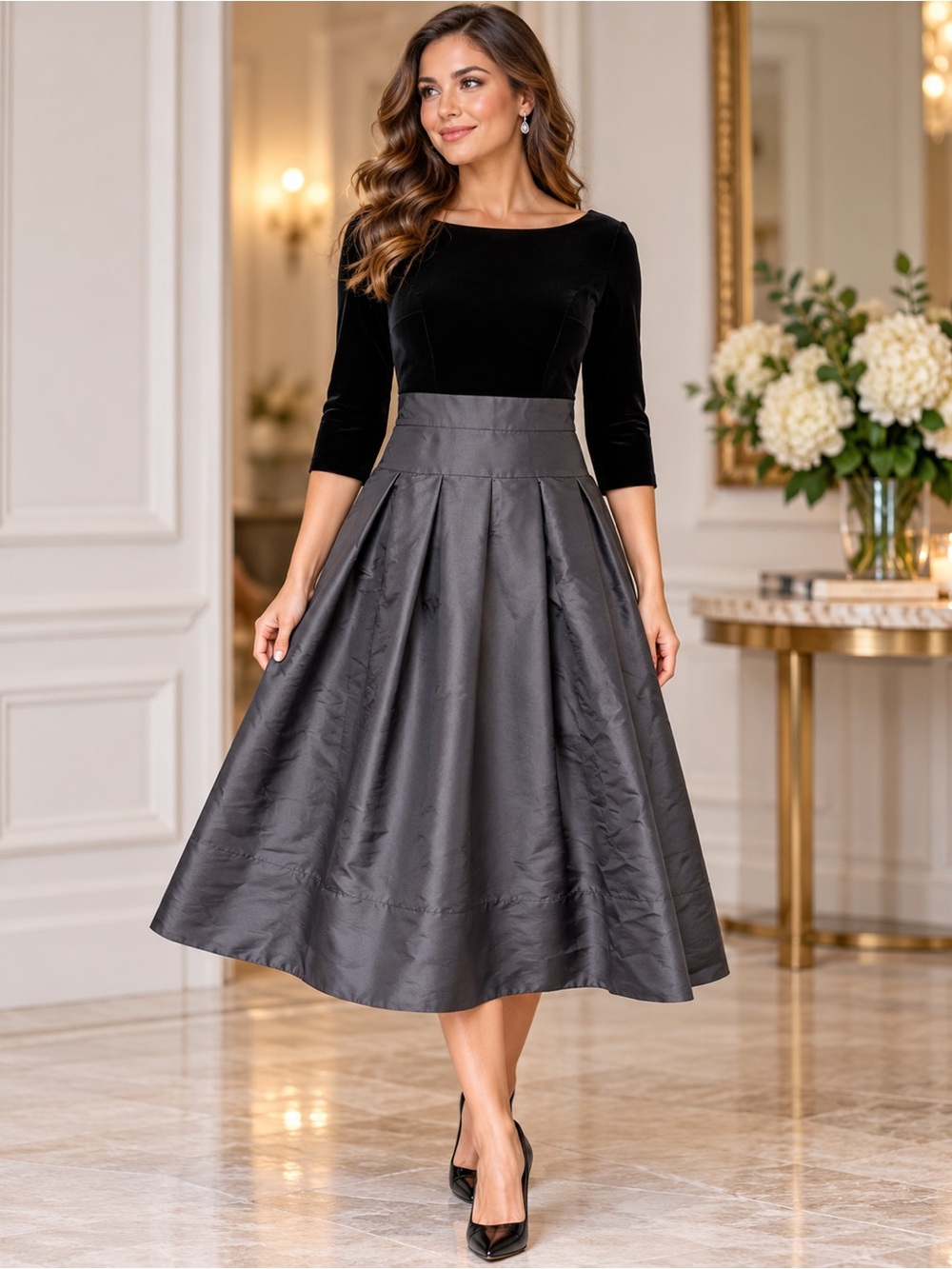 Evan-Picone Velvet Bodice Pleated Taffeta Skirt 3/4 Sleeve Fit and Flare Dress S